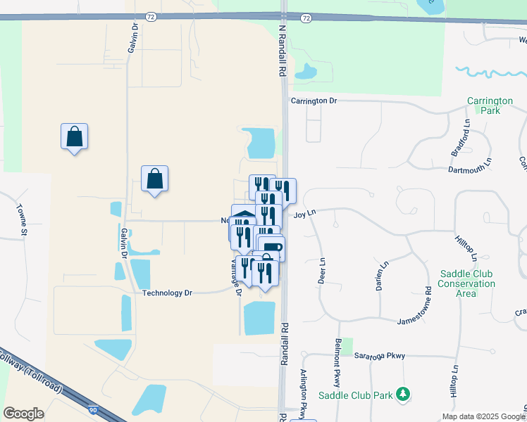 map of restaurants, bars, coffee shops, grocery stores, and more near 2500 North Randall Road in Elgin