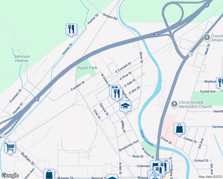 map of restaurants, bars, coffee shops, grocery stores, and more near 1324 North Union Street in Olean