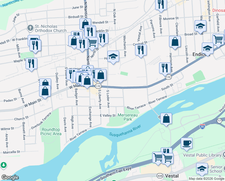 map of restaurants, bars, coffee shops, grocery stores, and more near 304 E Main St in Endicott