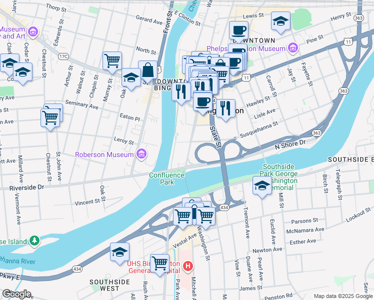 map of restaurants, bars, coffee shops, grocery stores, and more near 45 Washington Street in Binghamton
