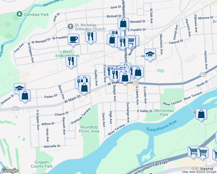 map of restaurants, bars, coffee shops, grocery stores, and more near 206 W Main St in Endicott