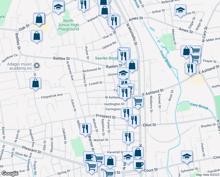 map of restaurants, bars, coffee shops, grocery stores, and more near 57 Ford Street in Brockton