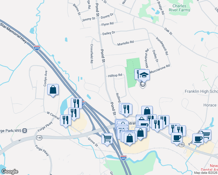 map of restaurants, bars, coffee shops, grocery stores, and more near 105 Pond Street in Franklin