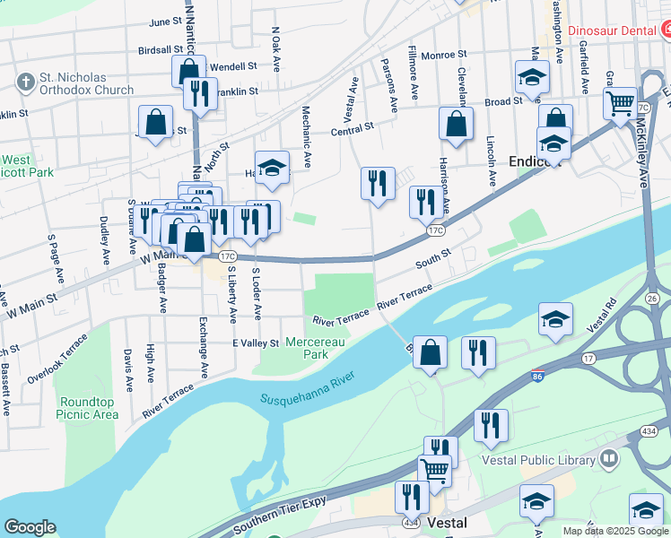 map of restaurants, bars, coffee shops, grocery stores, and more near 416 East Main Street in Endicott