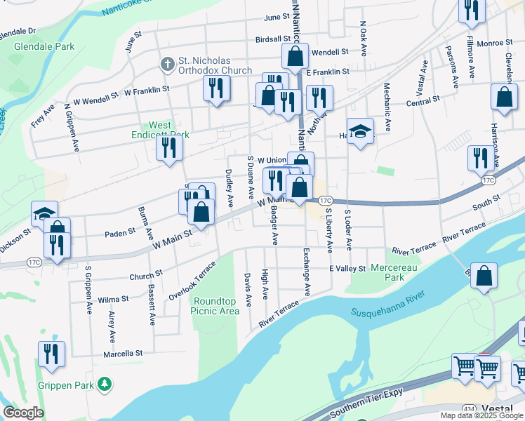 map of restaurants, bars, coffee shops, grocery stores, and more near 206 West Main Street in Endicott