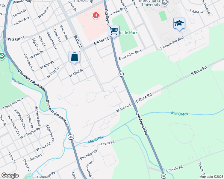 map of restaurants, bars, coffee shops, grocery stores, and more near Baywood Drive in Erie