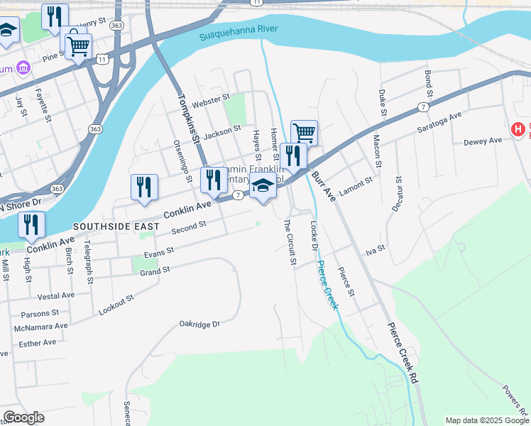 map of restaurants, bars, coffee shops, grocery stores, and more near 262 Conklin Avenue in Binghamton