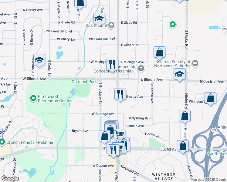 map of restaurants, bars, coffee shops, grocery stores, and more near 7 West Fern Court in Palatine