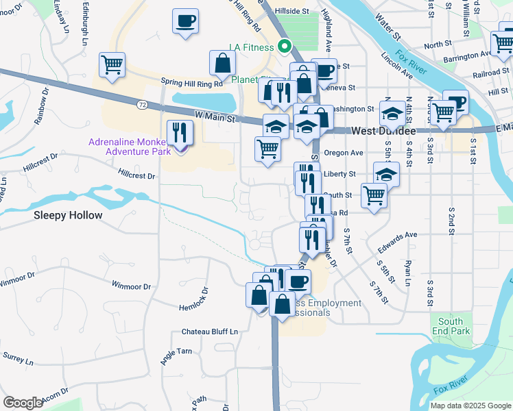 map of restaurants, bars, coffee shops, grocery stores, and more near 428 Cavalier Court in West Dundee