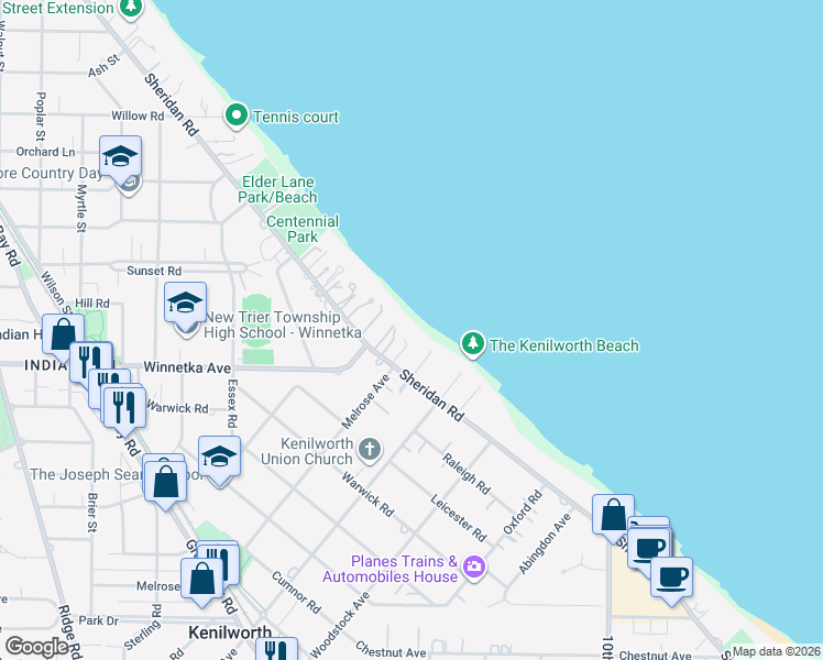 map of restaurants, bars, coffee shops, grocery stores, and more near 501 Sheridan Road in Kenilworth