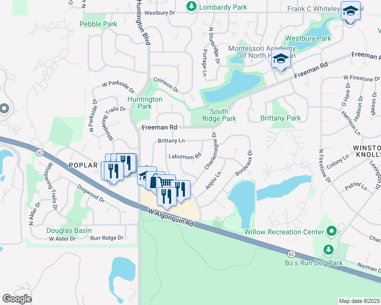 map of restaurants, bars, coffee shops, grocery stores, and more near 1540 Laburnum Road in Hoffman Estates