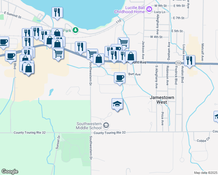 map of restaurants, bars, coffee shops, grocery stores, and more near 975 Fairmount Avenue in Jamestown