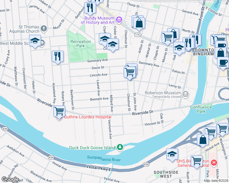 map of restaurants, bars, coffee shops, grocery stores, and more near 15 Lathrop Avenue in Binghamton