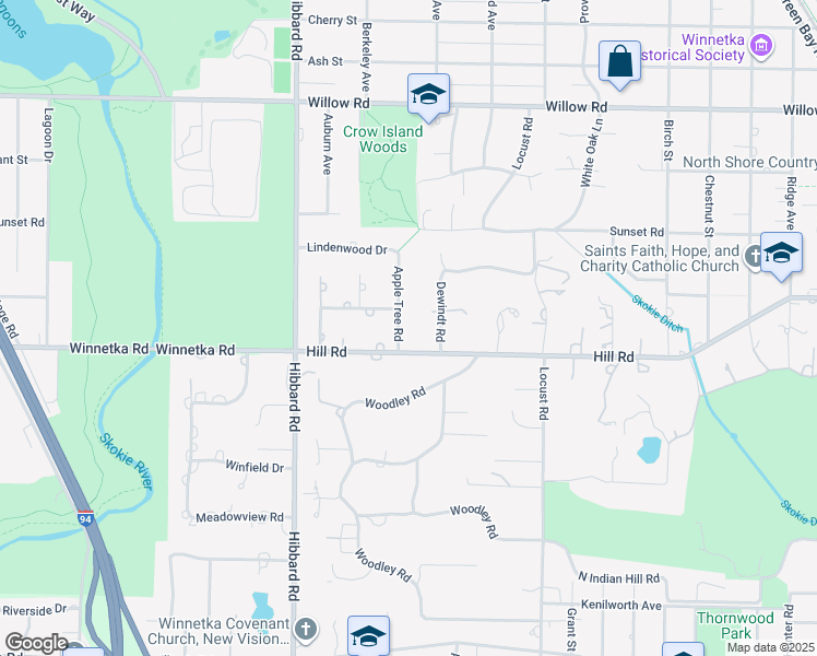 map of restaurants, bars, coffee shops, grocery stores, and more near 131 Apple Tree Road in Winnetka