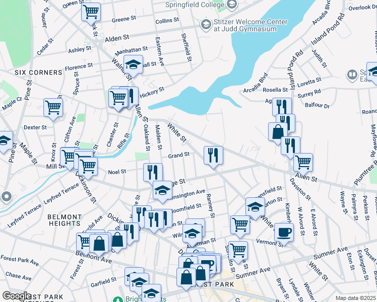 map of restaurants, bars, coffee shops, grocery stores, and more near 98 White Street in Springfield