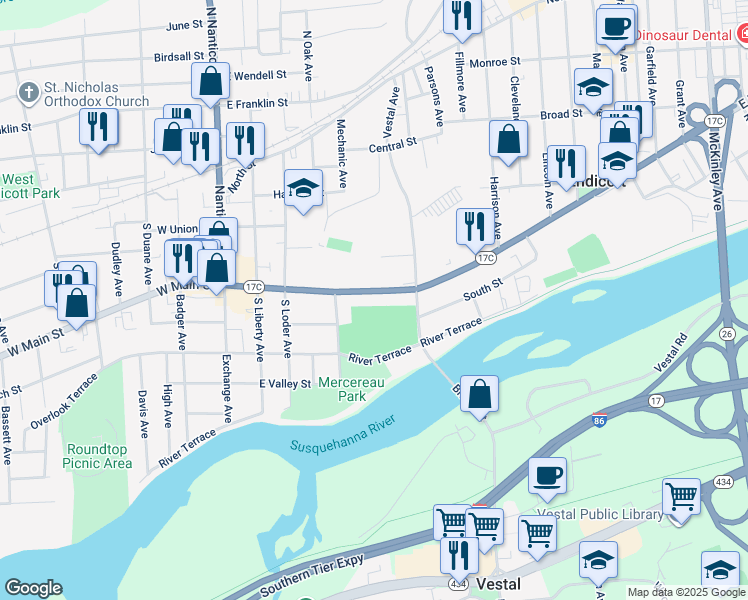 map of restaurants, bars, coffee shops, grocery stores, and more near 416 East Main Street in Endicott