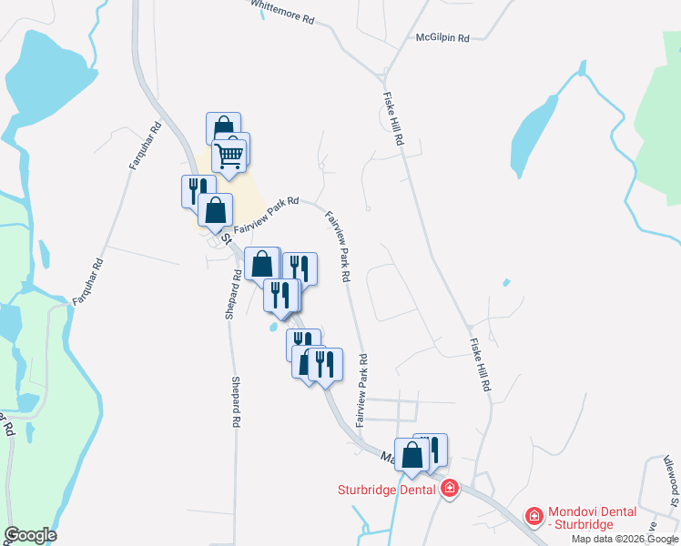 map of restaurants, bars, coffee shops, grocery stores, and more near 73 Fairview Park Road in Sturbridge