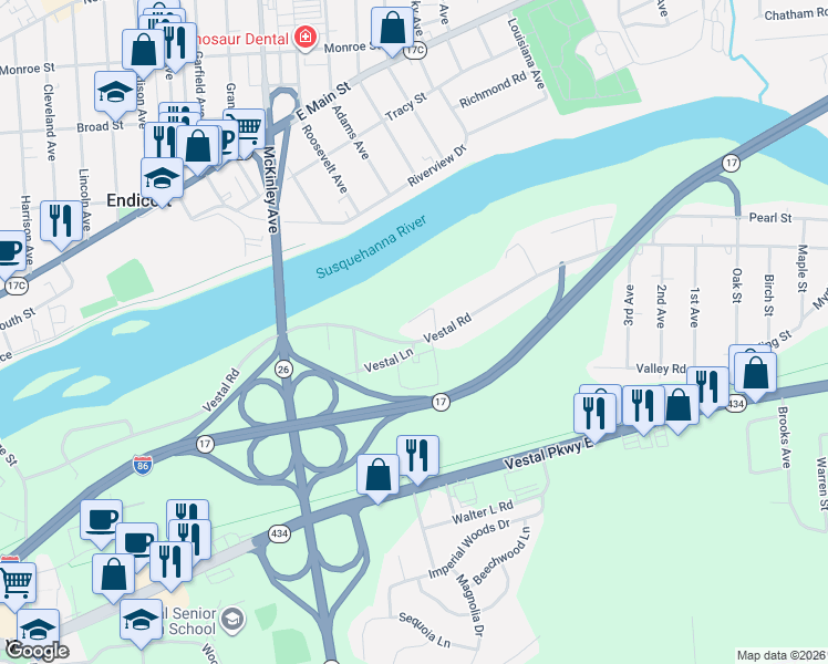 map of restaurants, bars, coffee shops, grocery stores, and more near 865 Vestal Road in Vestal