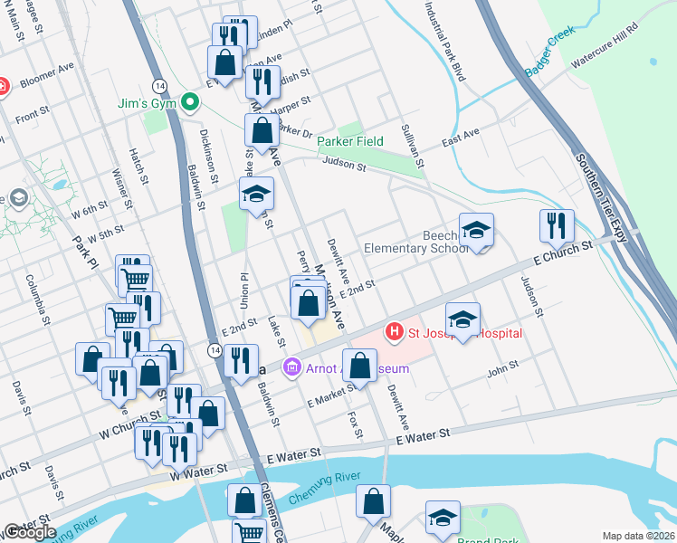 map of restaurants, bars, coffee shops, grocery stores, and more near 405 Dewitt Avenue in Elmira