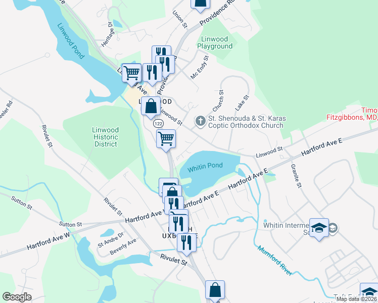 map of restaurants, bars, coffee shops, grocery stores, and more near 22 Maple Street in Uxbridge