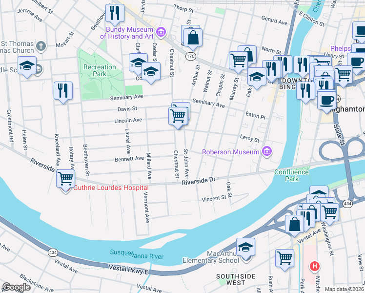 map of restaurants, bars, coffee shops, grocery stores, and more near 23 Walnut Street in Binghamton