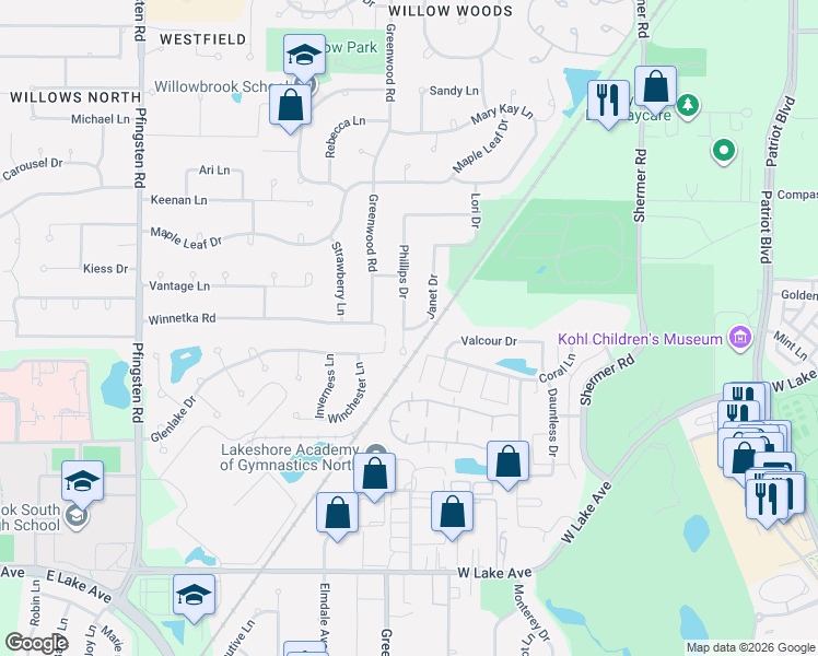 map of restaurants, bars, coffee shops, grocery stores, and more near 2155 Phillips Drive in Glenview