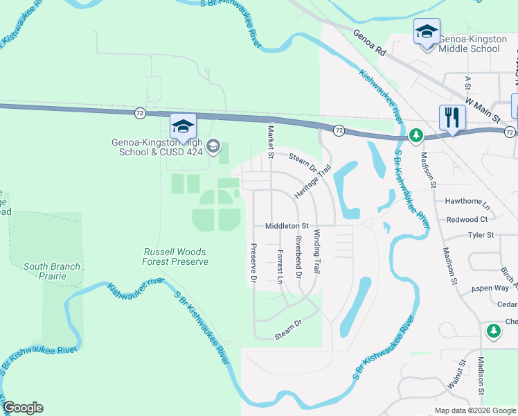 map of restaurants, bars, coffee shops, grocery stores, and more near 307 Preserve Drive in Genoa