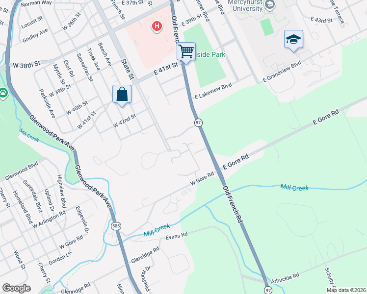 map of restaurants, bars, coffee shops, grocery stores, and more near Baywood Drive in Erie