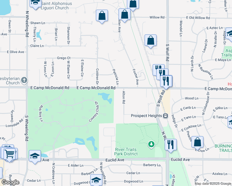 map of restaurants, bars, coffee shops, grocery stores, and more near 809 East Camp McDonald Road in Prospect Heights