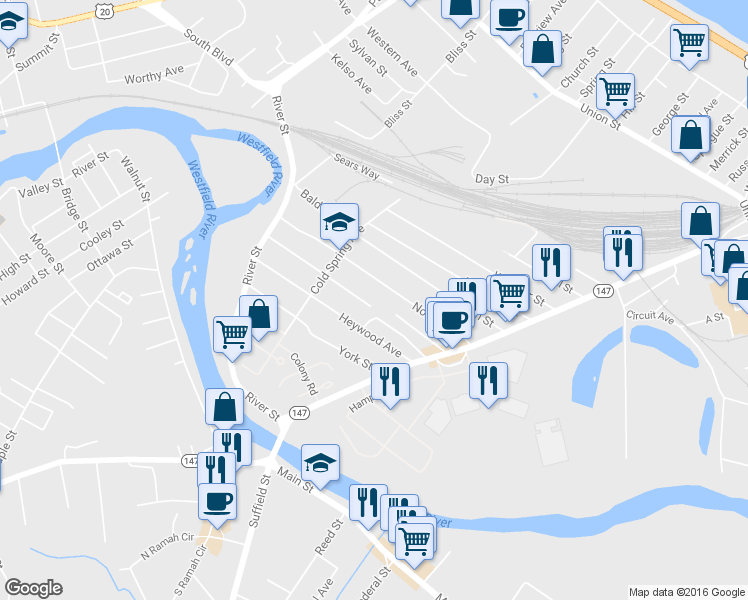 map of restaurants, bars, coffee shops, grocery stores, and more near 147 Allston Avenue in West Springfield