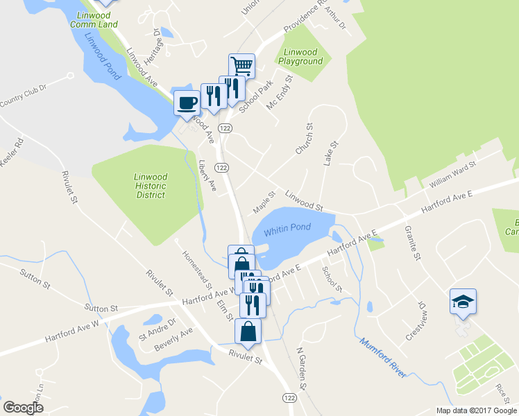 map of restaurants, bars, coffee shops, grocery stores, and more near 22 Maple Street in Uxbridge