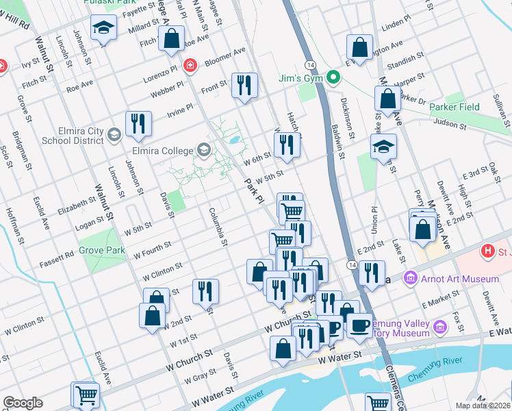 map of restaurants, bars, coffee shops, grocery stores, and more near 653 Park Place in Elmira