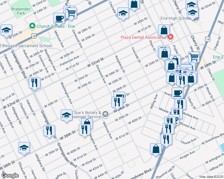 map of restaurants, bars, coffee shops, grocery stores, and more near 3523 Elmwood Avenue in Erie