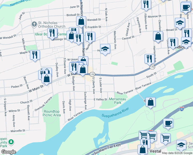 map of restaurants, bars, coffee shops, grocery stores, and more near 200 East Main Street in Endicott