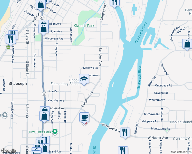 map of restaurants, bars, coffee shops, grocery stores, and more near 1222 Hillcrest Avenue in St. Joseph