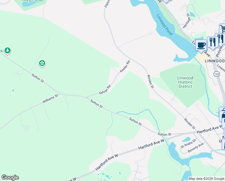 map of restaurants, bars, coffee shops, grocery stores, and more near 41 Sylvan Road in Uxbridge