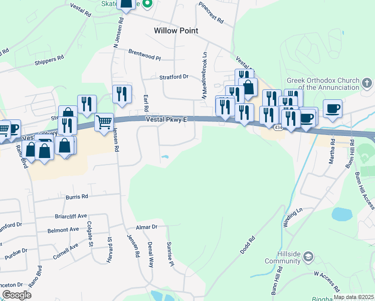map of restaurants, bars, coffee shops, grocery stores, and more near 129 South Meadowbrook Lane in Vestal