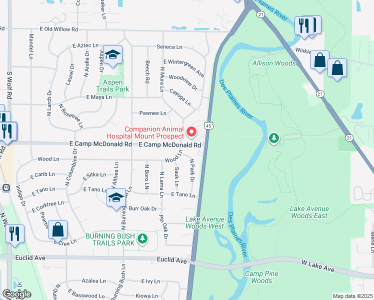 map of restaurants, bars, coffee shops, grocery stores, and more near 1433 North Park Drive in Mount Prospect