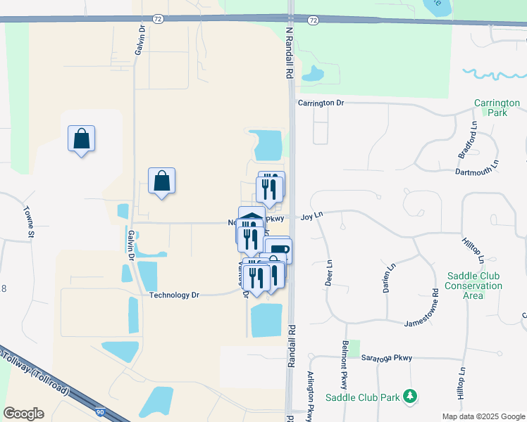 map of restaurants, bars, coffee shops, grocery stores, and more near 2500 North Randall Road in Elgin