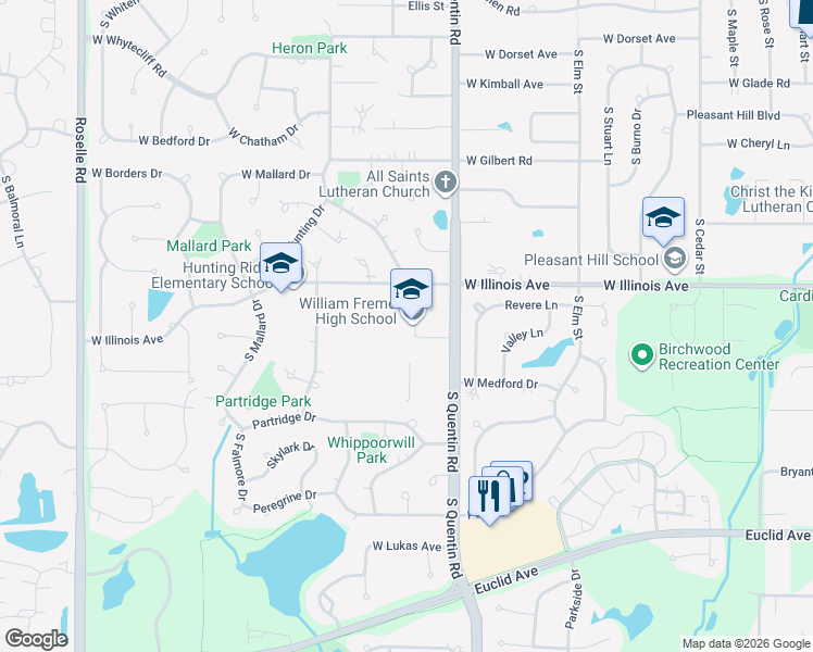 map of restaurants, bars, coffee shops, grocery stores, and more near 1000 South Quentin Road in Palatine