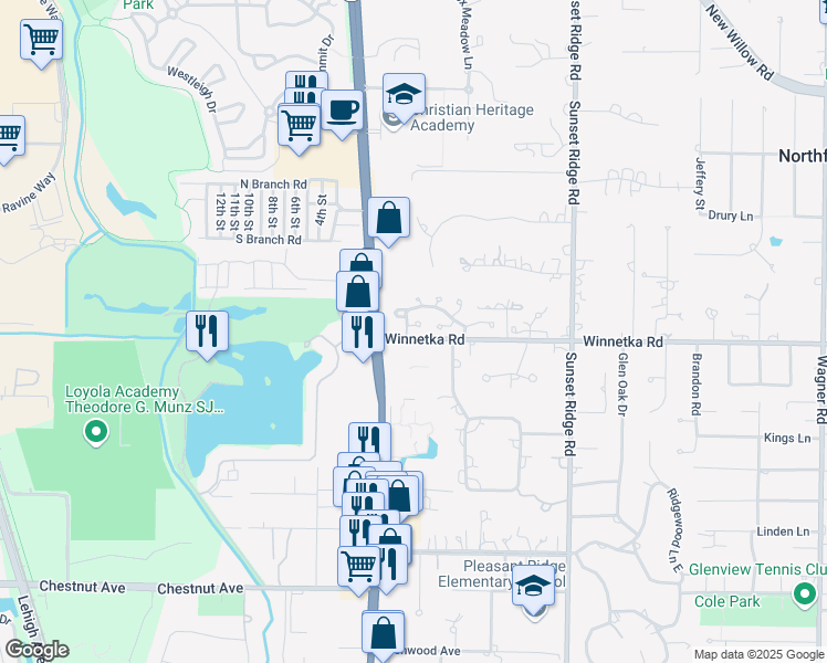 map of restaurants, bars, coffee shops, grocery stores, and more near 25 Regent wood Road in Northfield