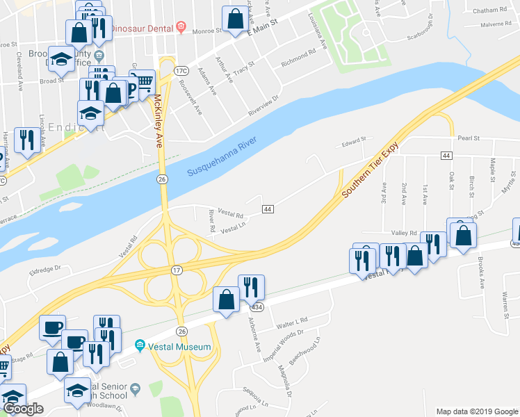map of restaurants, bars, coffee shops, grocery stores, and more near 865 Old Vestal Road in Vestal