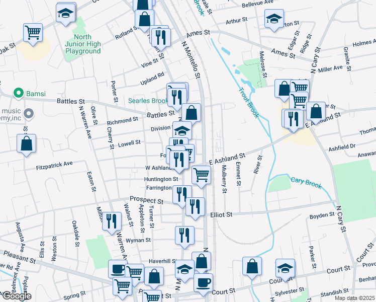 map of restaurants, bars, coffee shops, grocery stores, and more near 437 North Main Street in Brockton