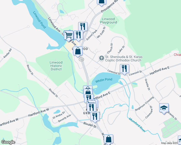 map of restaurants, bars, coffee shops, grocery stores, and more near 35 Maple Street in Uxbridge