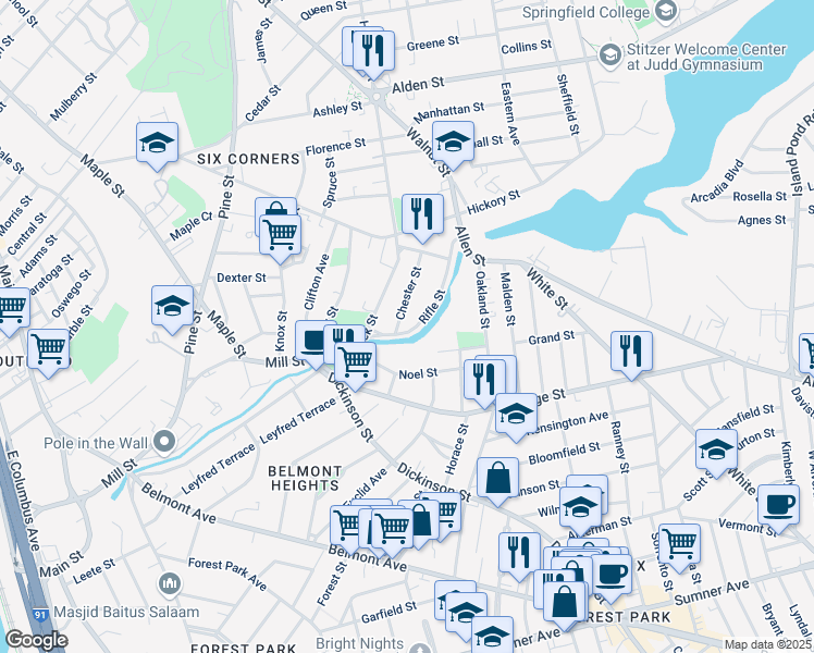 map of restaurants, bars, coffee shops, grocery stores, and more near 50 Rifle Street in Springfield