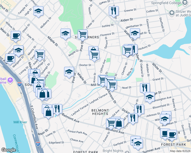 map of restaurants, bars, coffee shops, grocery stores, and more near 35 Smith Street in Springfield