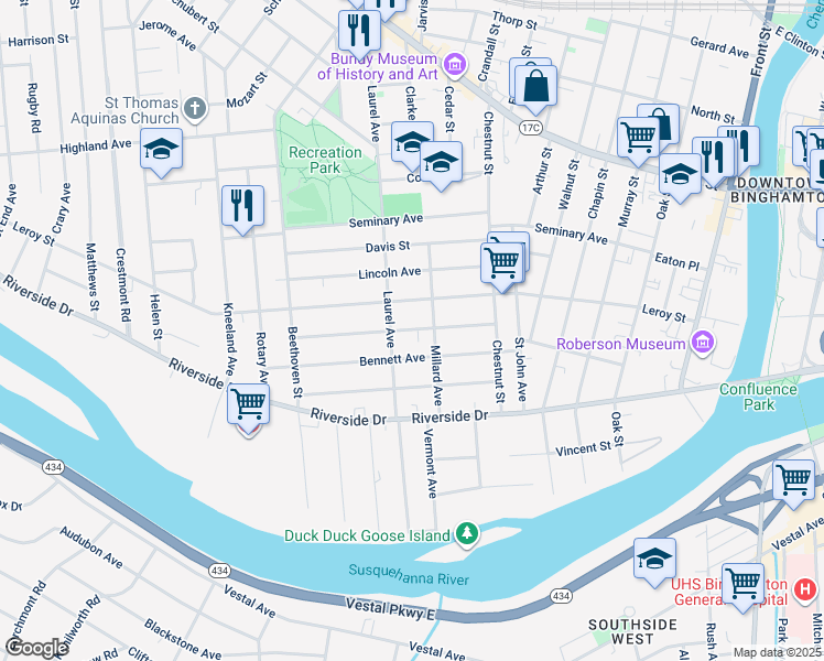 map of restaurants, bars, coffee shops, grocery stores, and more near 29 Lathrop Avenue in Binghamton