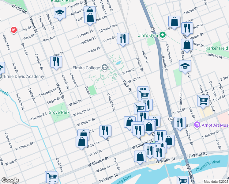 map of restaurants, bars, coffee shops, grocery stores, and more near 310 West Fourth Street in Elmira