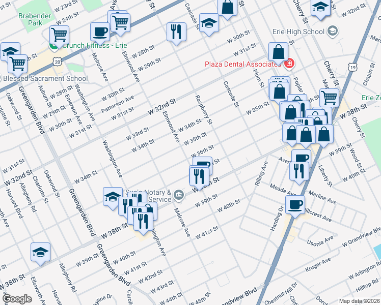 map of restaurants, bars, coffee shops, grocery stores, and more near 3523 Elmwood Avenue in Erie