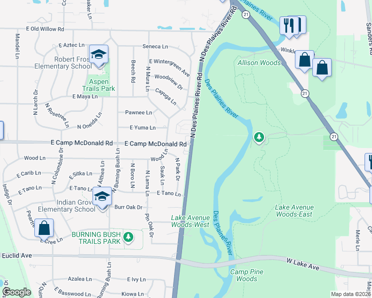 map of restaurants, bars, coffee shops, grocery stores, and more near 1450 North River Road in Mount Prospect